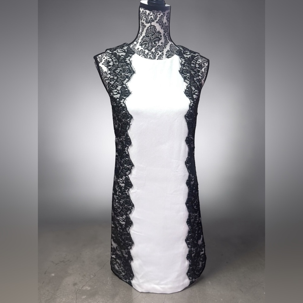 Trina Turk Saba Ivory Black Lace Overlay Panels Sheath Dress. Size 2. EUC. - Picture 3 of 16